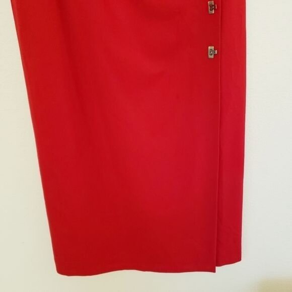 Vintage Rena Rowan Berry Red Wrap Front Midi Skirt w/Gun Metal Closures Sz12 EUC - Picture 4 of 10